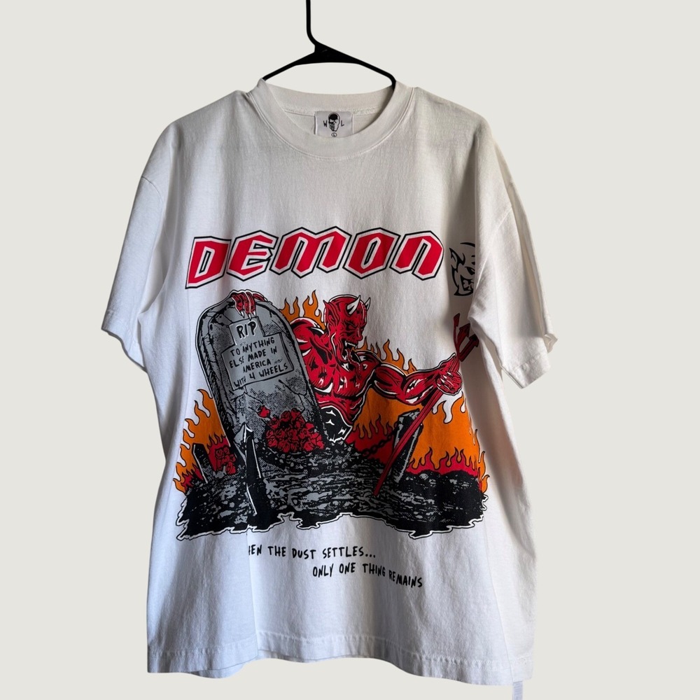 Warren Lotas Dodge Demon T-Shirt‎ Size L Graphic Streetwear Cotton White Tee